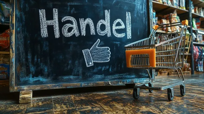 Tafel mit Wort 'Handel' und Einkaufswagen