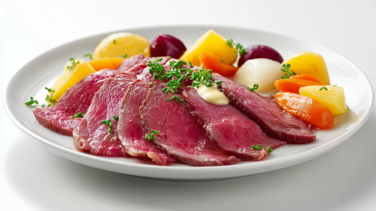 Tafelspitz mit Meerrettich foo auf weißem Teller