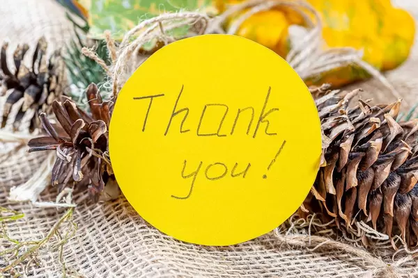 Tag with the words Thank you on the autumn background. Thanksgiving and family holiday concept