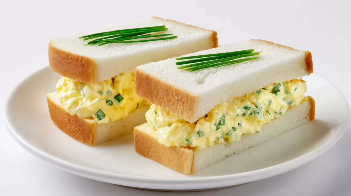 Tamago Sando mit Schnittlauch auf weißem Teller