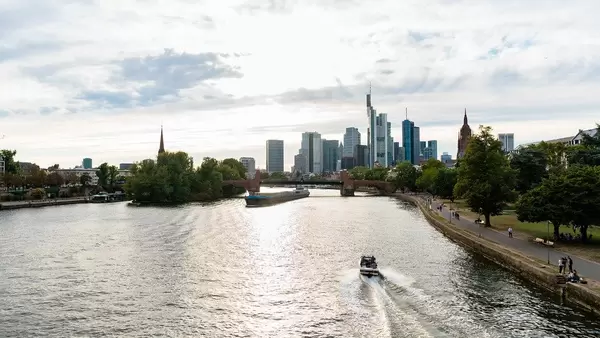 Tanker passing under the bridge in Frankfurt, Germany