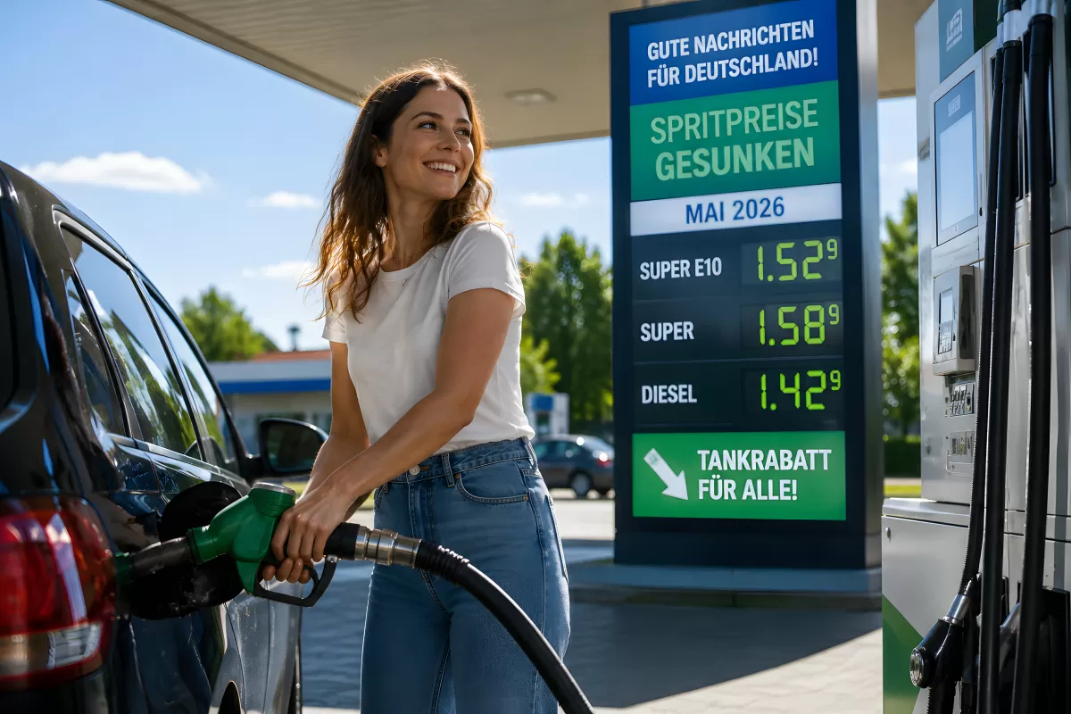 Tankrabatt wirkt: Frau tankt Auto bei gesunkenen Spritpreisen 2026