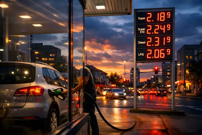 Tankstelle bei Sonnenuntergang - Preise, Verkehr und Beleuchtung