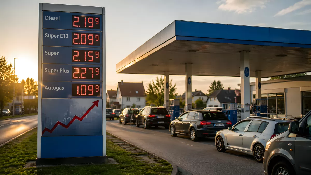 Tankstelle mit Kraftstoffpreisen auf Anzeigetafel