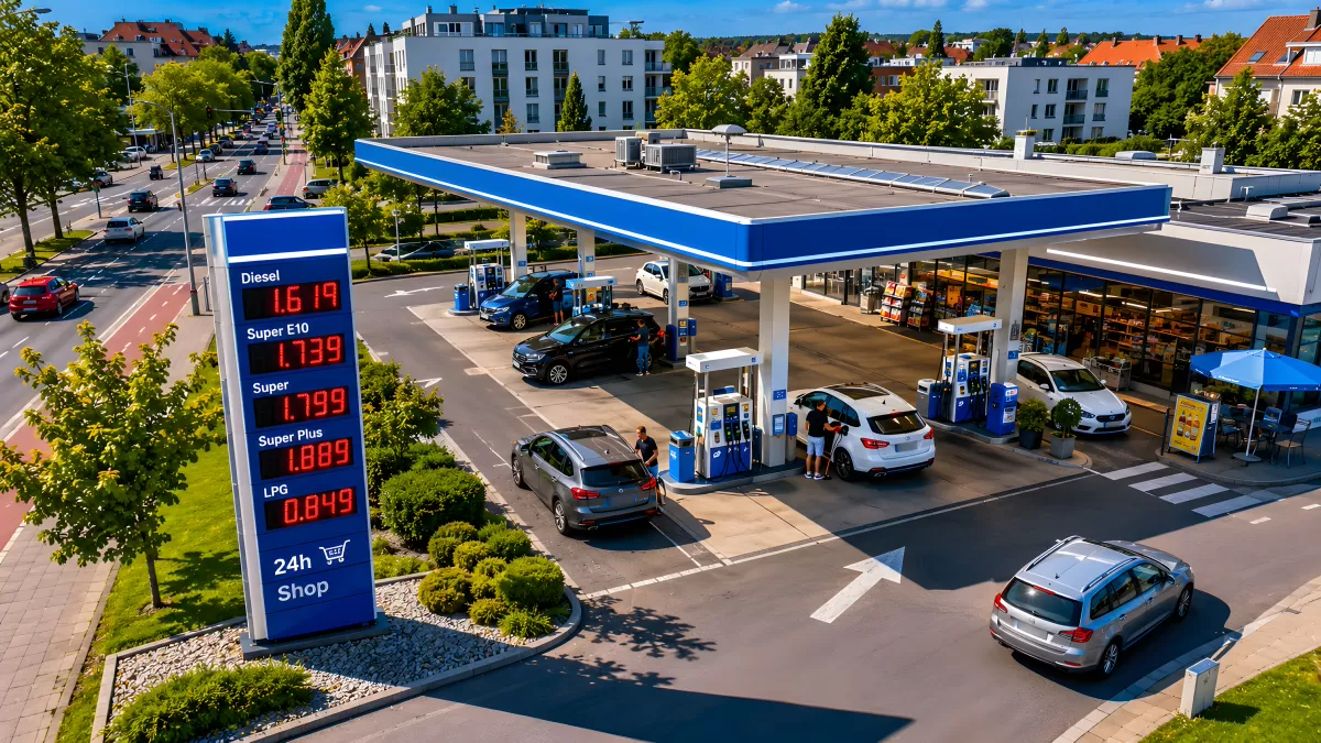 Tankstelle mit Preisanzeige in deutscher Vorstadt