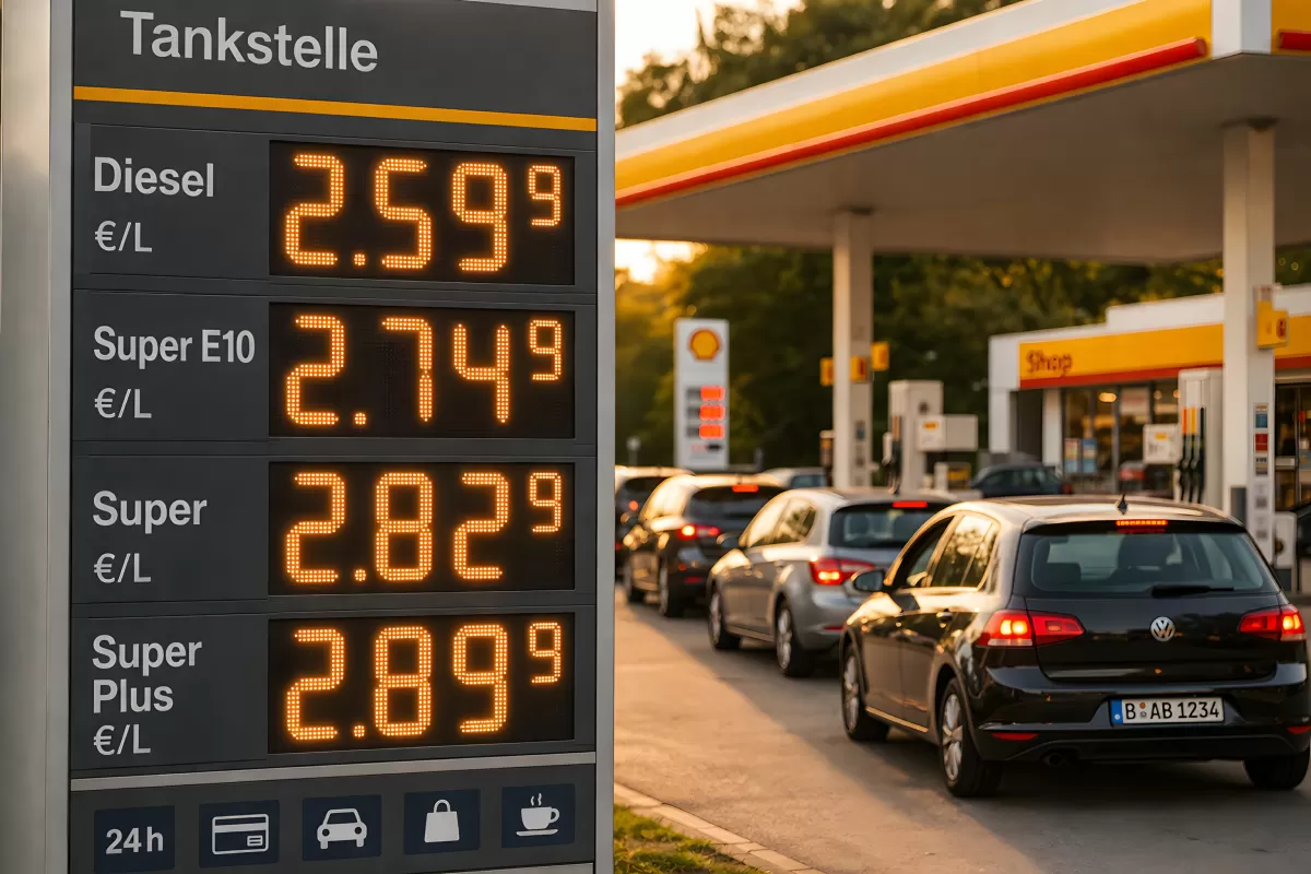 Tankstelle mit Preisen für Kraftstoffe an einem Sommerabend