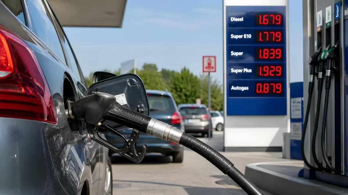 Tankstelle mit Zapfpistole und Preisanzeige