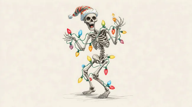 Tanzende Skelett-Figur mit Nikolausmütze und Lichterkette