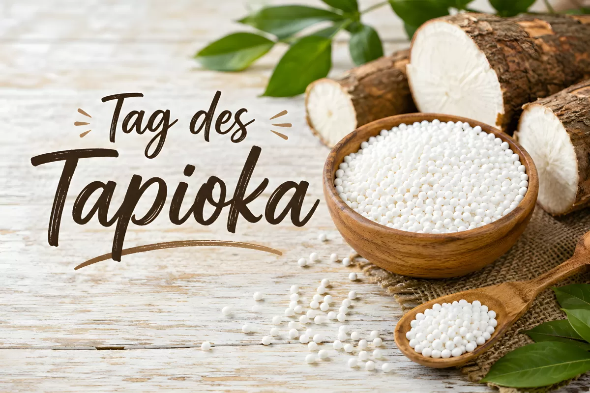 Tapioka-Perlen in Holzschüssel mit Maniokwurzel