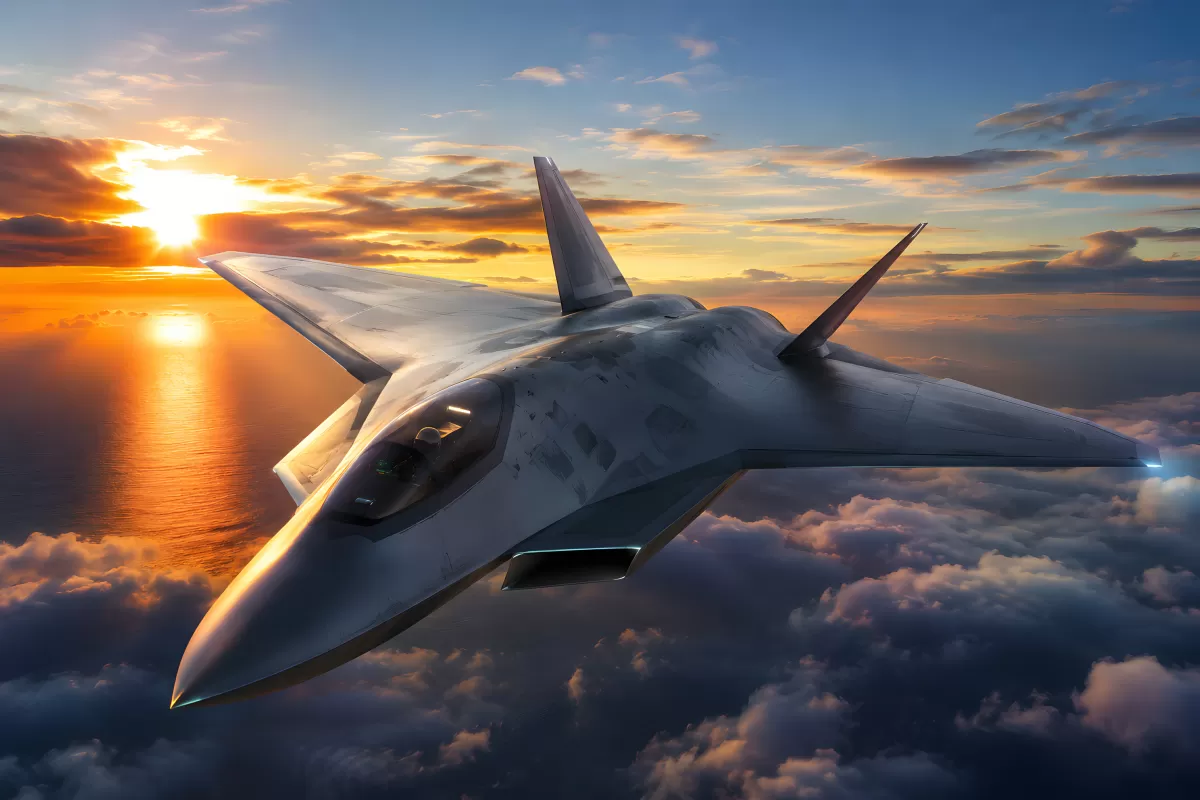Tarnkappenjet fliegt bei Sonnenuntergang über Wolken