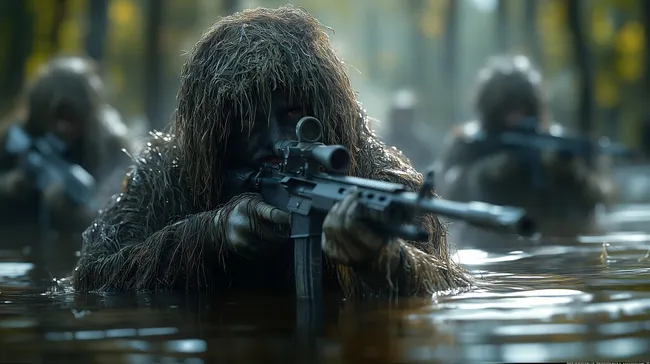 Tarnkappensoldaten in Sumpflandschaft mit Waffe