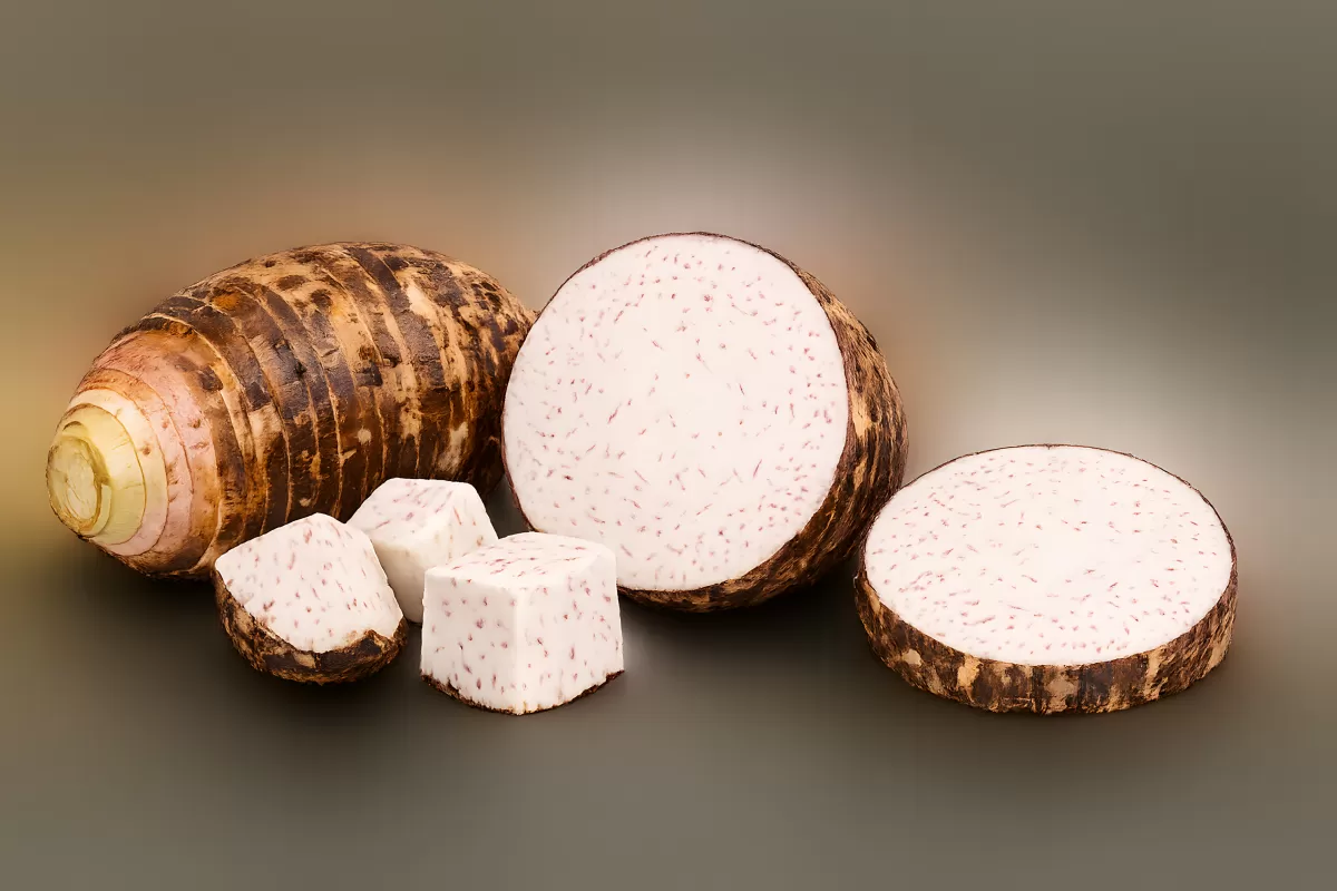 Taro-Wurzel aufgeschnitten mit weißem Fleisch