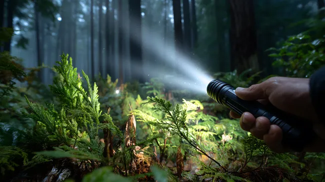 Taschenlampe beleuchtet üppiges Waldgewächs in düsterer Umgebung