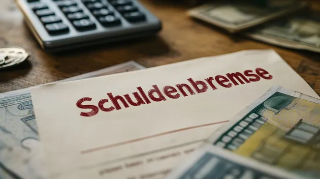 Taschenrechner und Dokumentenbox mit Schuldenbremse-Aufschrift