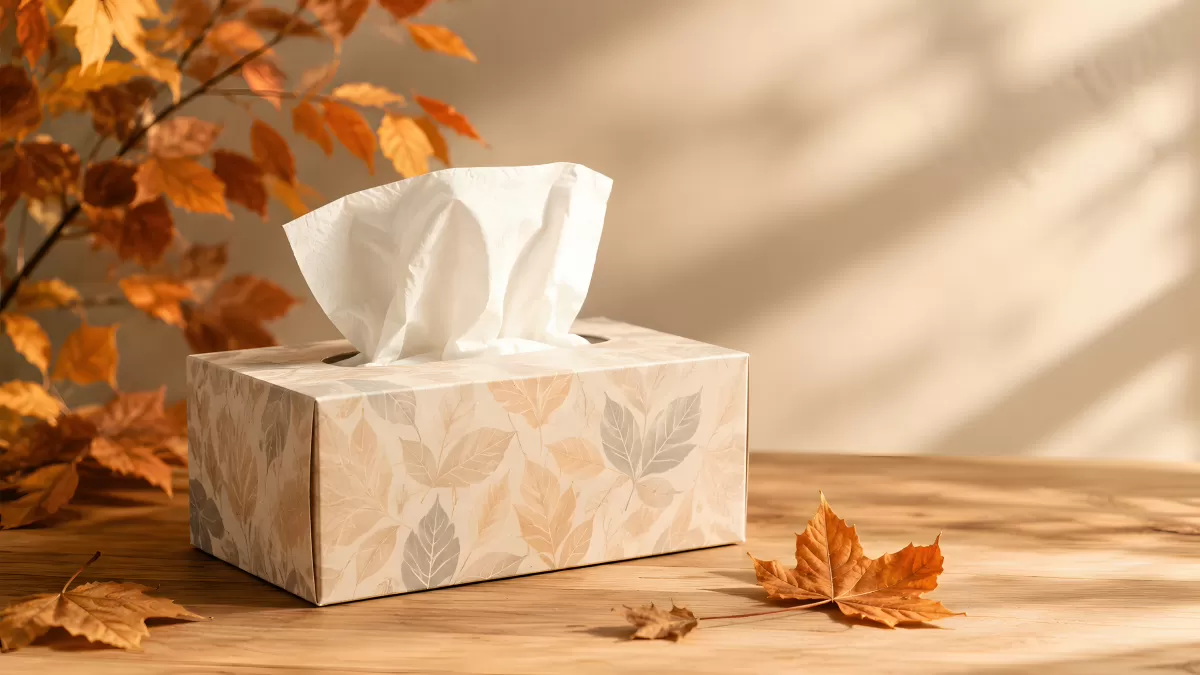 Taschentuchbox mit Herbstblättern auf Holztisch