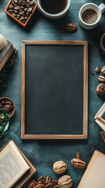 Tasse Kaffee, Kaffeebohnen und Nüsse vor Tafel