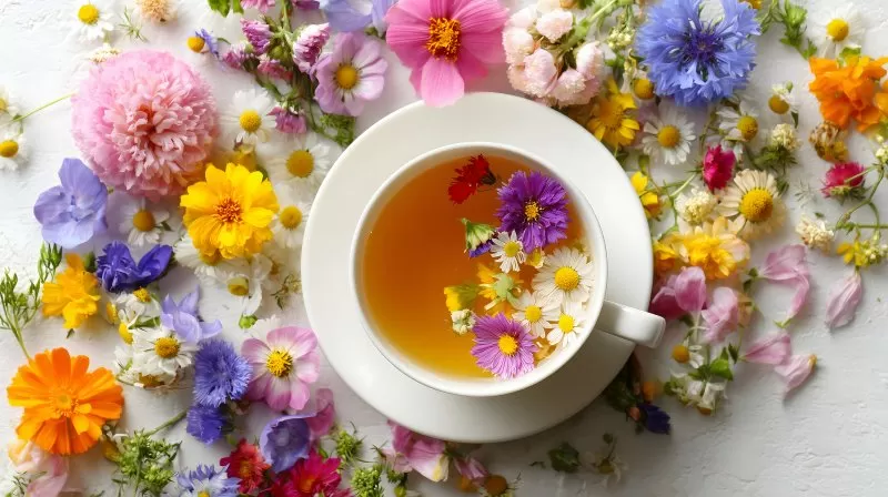 Tasse Kräutertee mit bunten Blüten auf weißem Tisch