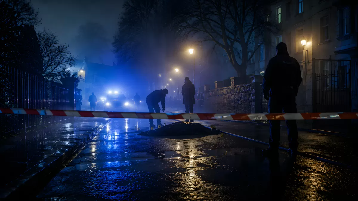 Tatortabsperrung bei Nacht im Nebel mit Ermittlern