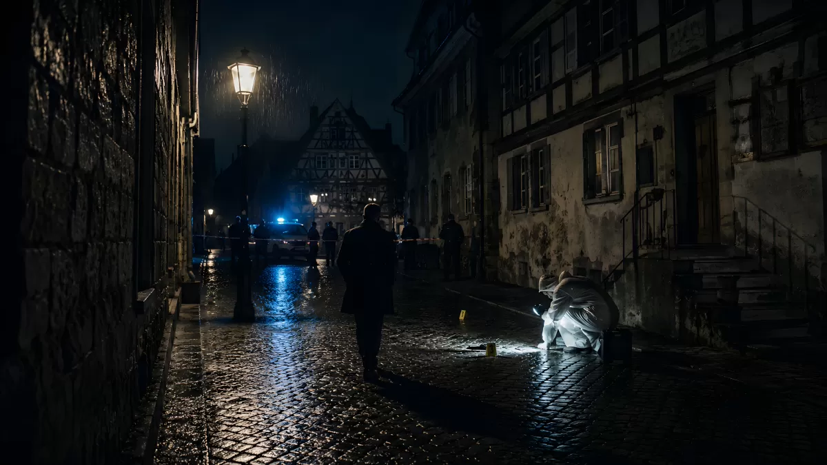 Tatortszene bei Nacht auf nassem Kopfsteinpflaster