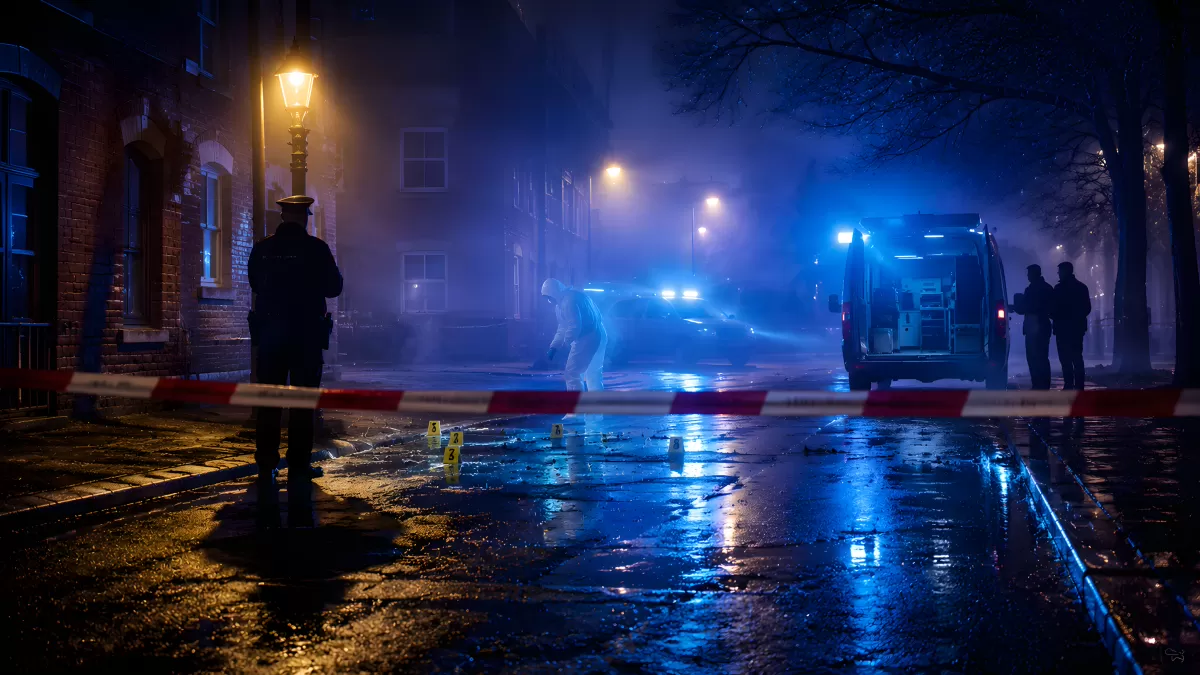 Tatortuntersuchung bei Nacht mit Spurensicherung