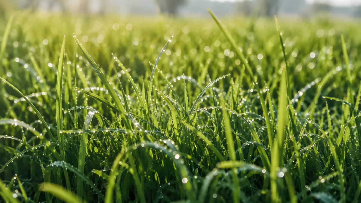 Taubedeckte Grashalme im Morgenlicht der Wiese