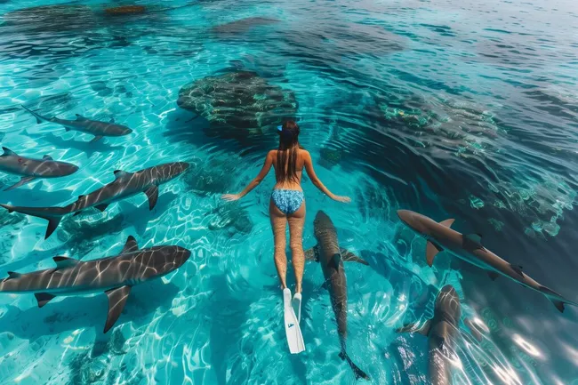 Tauchender Hai und Frau im türkisen Wasser
