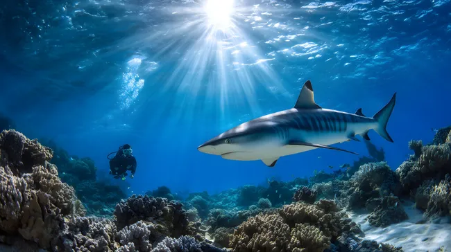 Taucher beobachtet Riffhai im kristallklaren Ozeanwasser
