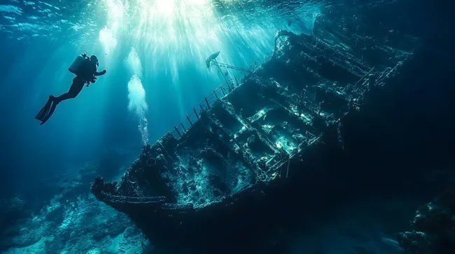 Taucher erforscht versunkenes Schiffswrack in türkisem Ozean
