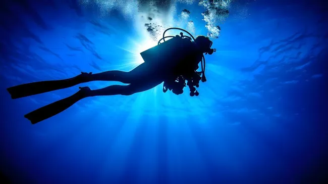 Taucher im tiefblauen Meer bei Sonnenaufgang