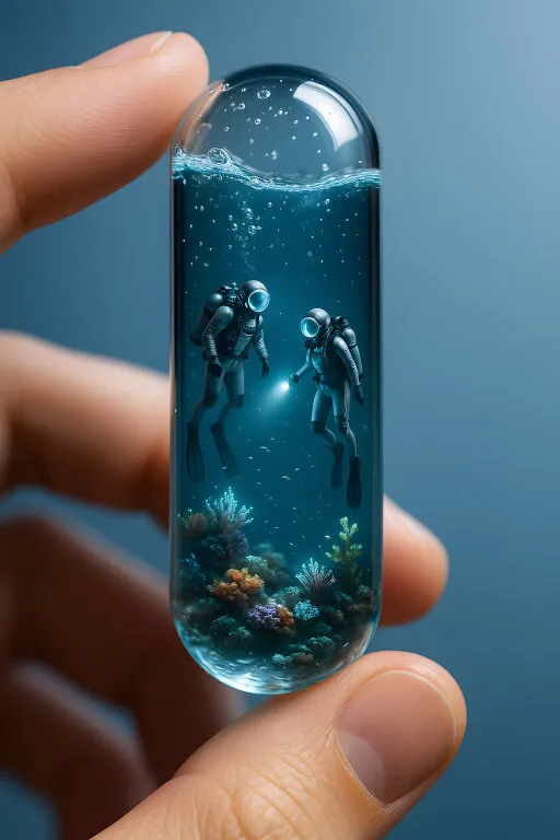 Taucher in Unterwasser-Glasbehälter mit Korallenriff