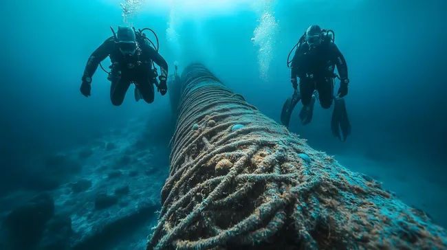 Taucher inspizieren Datenkabel in der Tiefsee