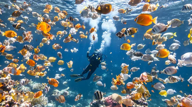 Taucher schwimmt in bunter Unterwasserwelt
