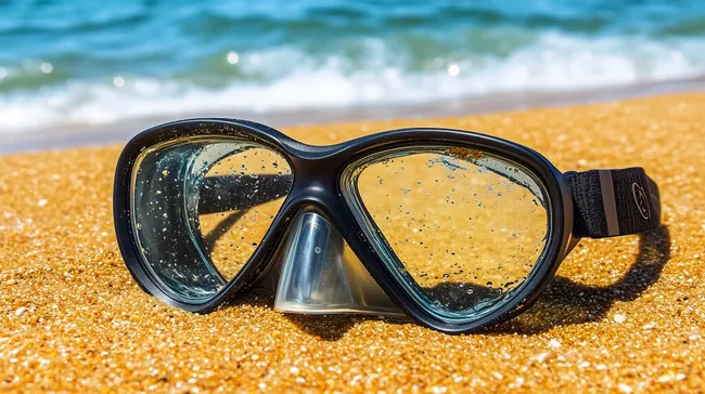 Taucherbrille am Sandstrand vor Meer