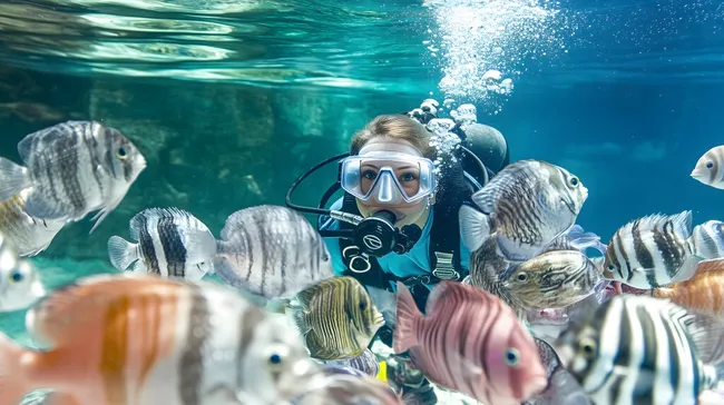 Taucherin erforscht bunte Unterwasserwelt im Korallenriff