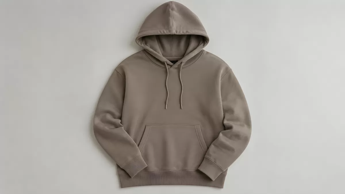 Taupefarbener Pullover-Hoodie auf hellem Hintergrund
