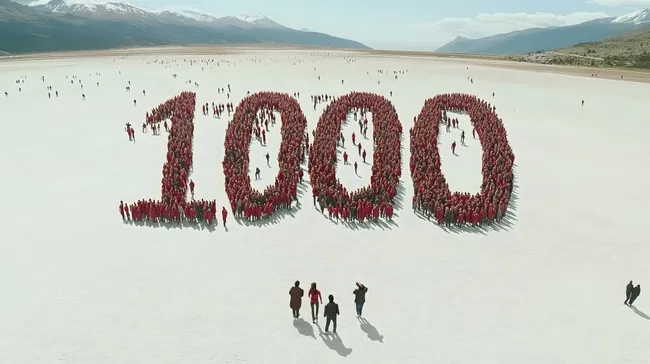 Tausend Menschen formen Zahl auf schneebedeckter Ebene