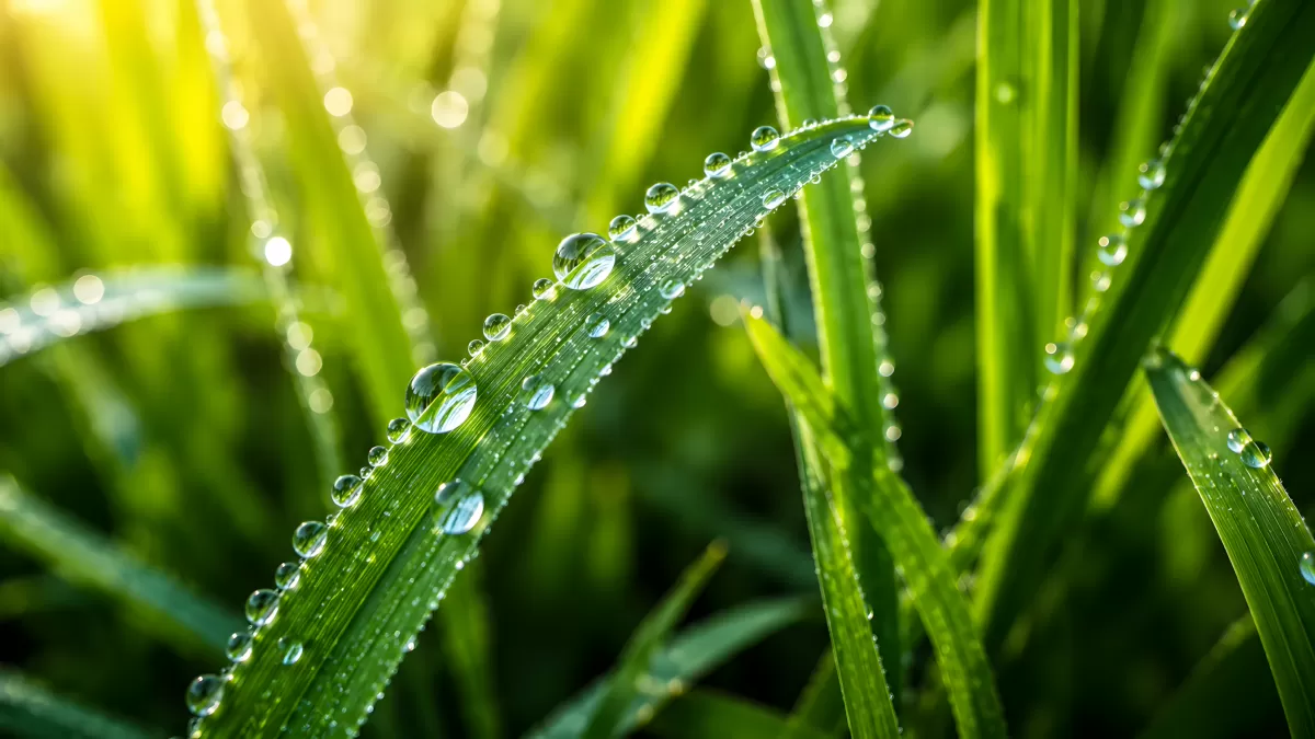 Tautropfen auf Grashalmen im Morgenlicht