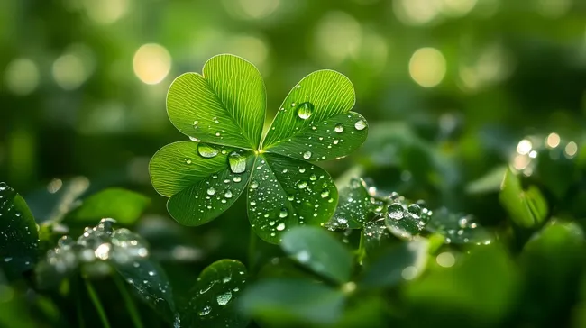 Tautropfenbedecktes Kleeblatt in grüner Naturumgebung
