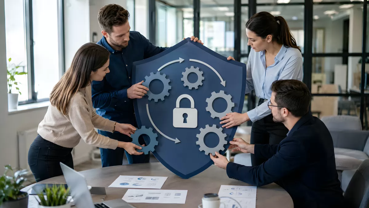 Team arbeitet gemeinsam an Cybersicherheit im Büro