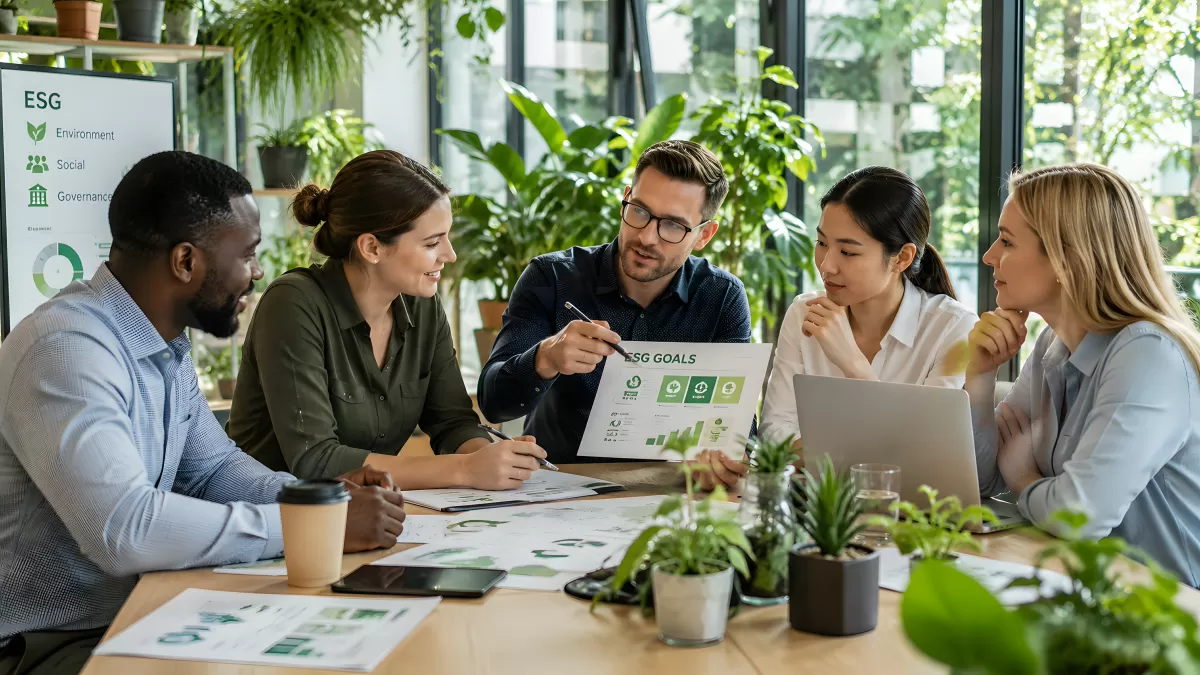 Team bespricht ESG-Ziele in modernem Büro