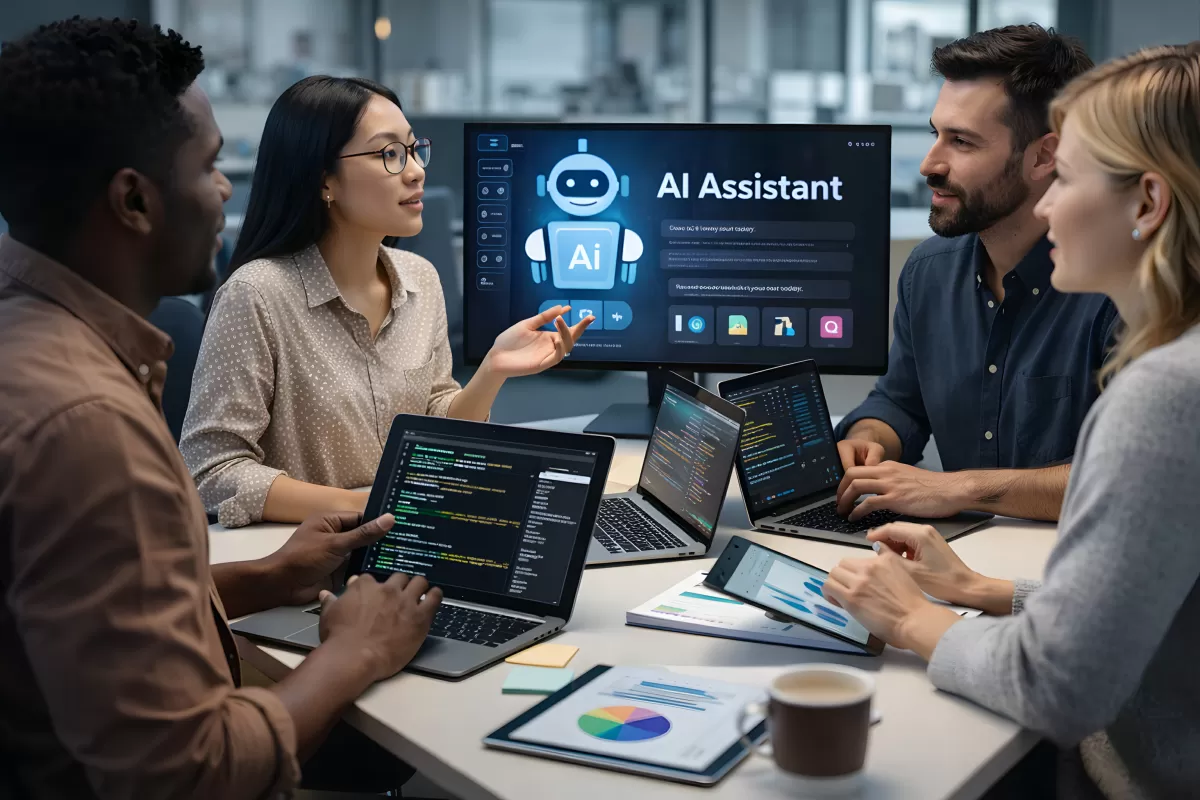 Team bespricht KI-Assistent im modernen Büro