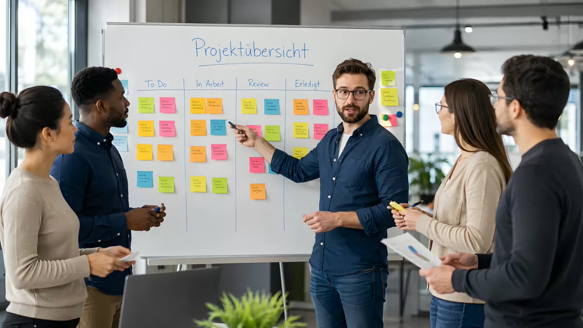 Team bespricht Projektübersicht am Kanban-Board