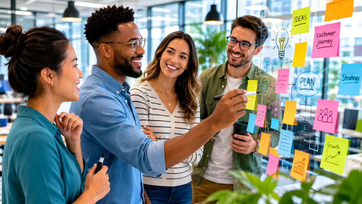 Team brainstormt gemeinsam an einer Glaswand im Büro