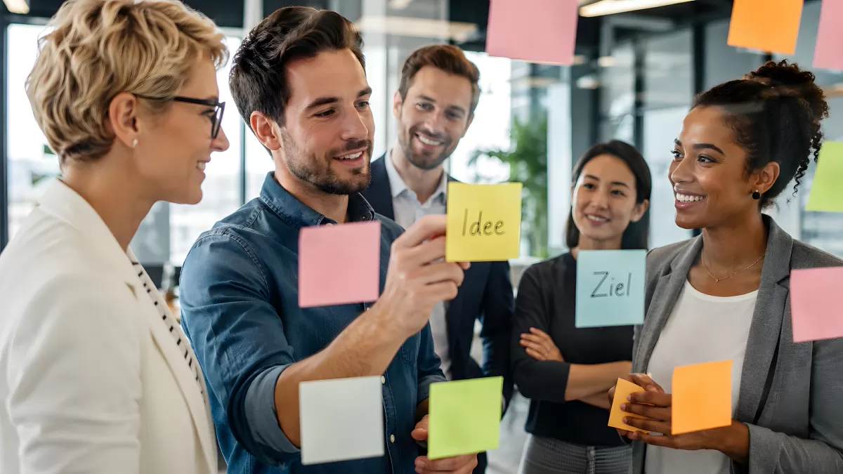 Team klebt bunte Haftnotizen bei Brainstorming