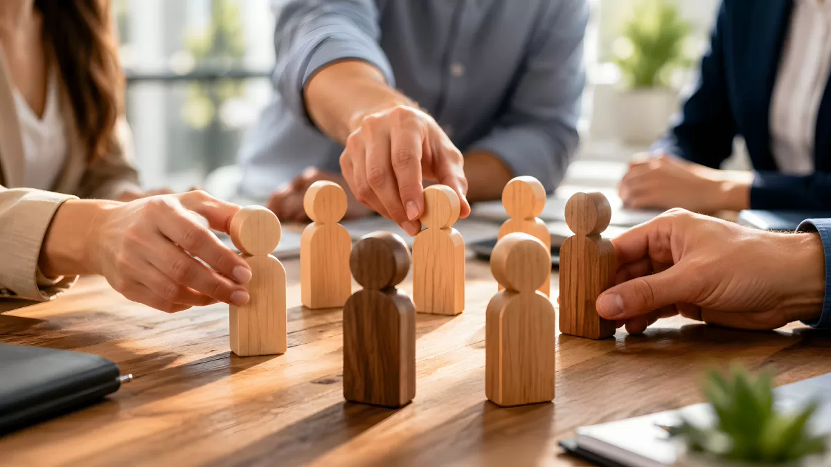 Teamarbeit mit Holzfiguren bei einer Besprechung