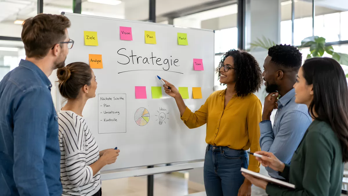 Teammeeting mit Strategieplanung am Whiteboard