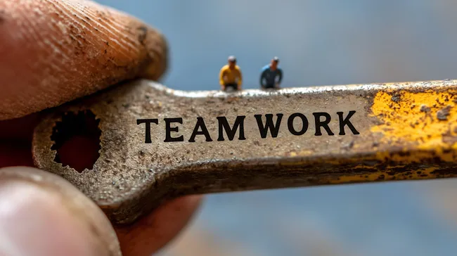 Teamwork auf rostigem Werkzeug mit Miniaturfiguren