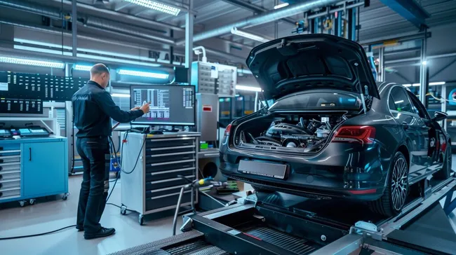 Techniker analysiert Fahrzeug in moderner Werkstatt