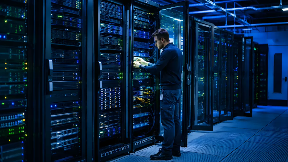 Techniker arbeitet an Serverracks im Rechenzentrum