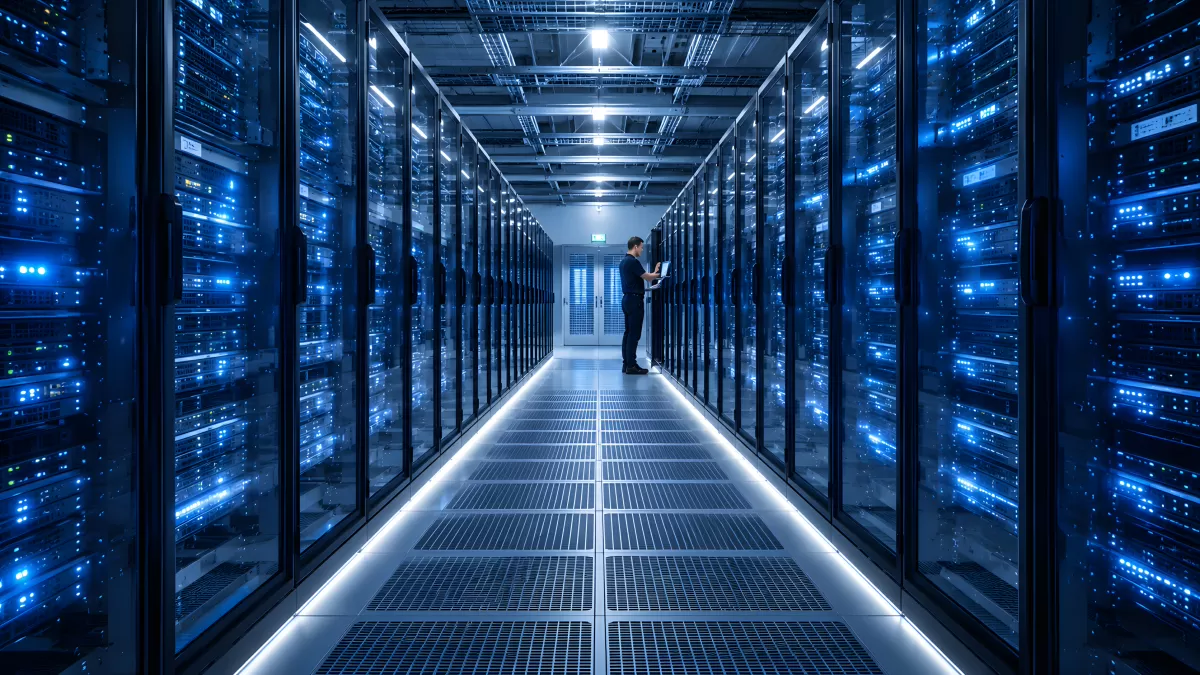 Techniker arbeitet im beleuchteten Rechenzentrum